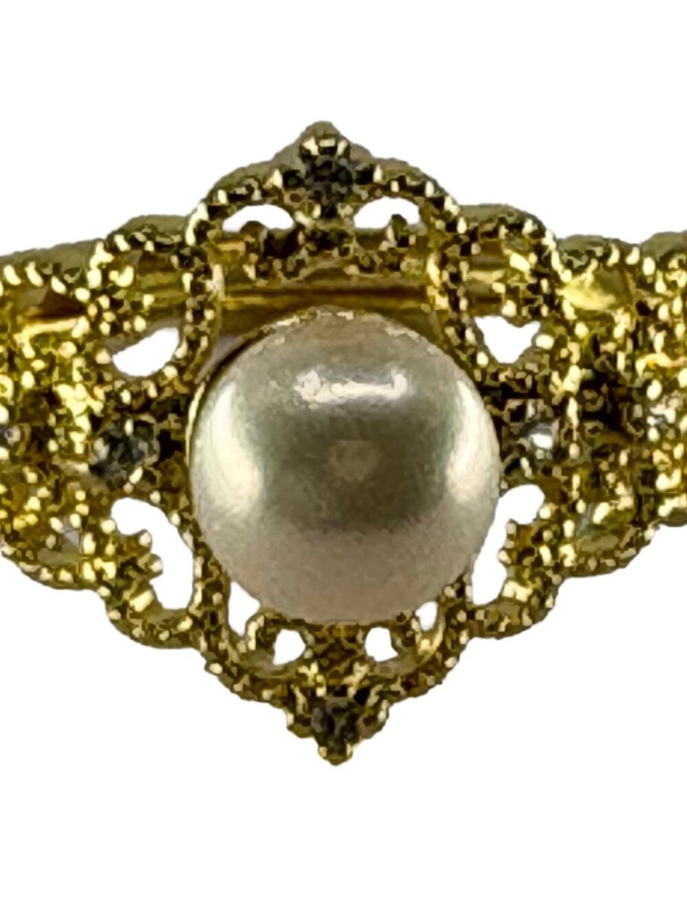 18K Gold Plated Vintage Filigree Lace Freshwater Pearl Ring Adjustable 2.55g